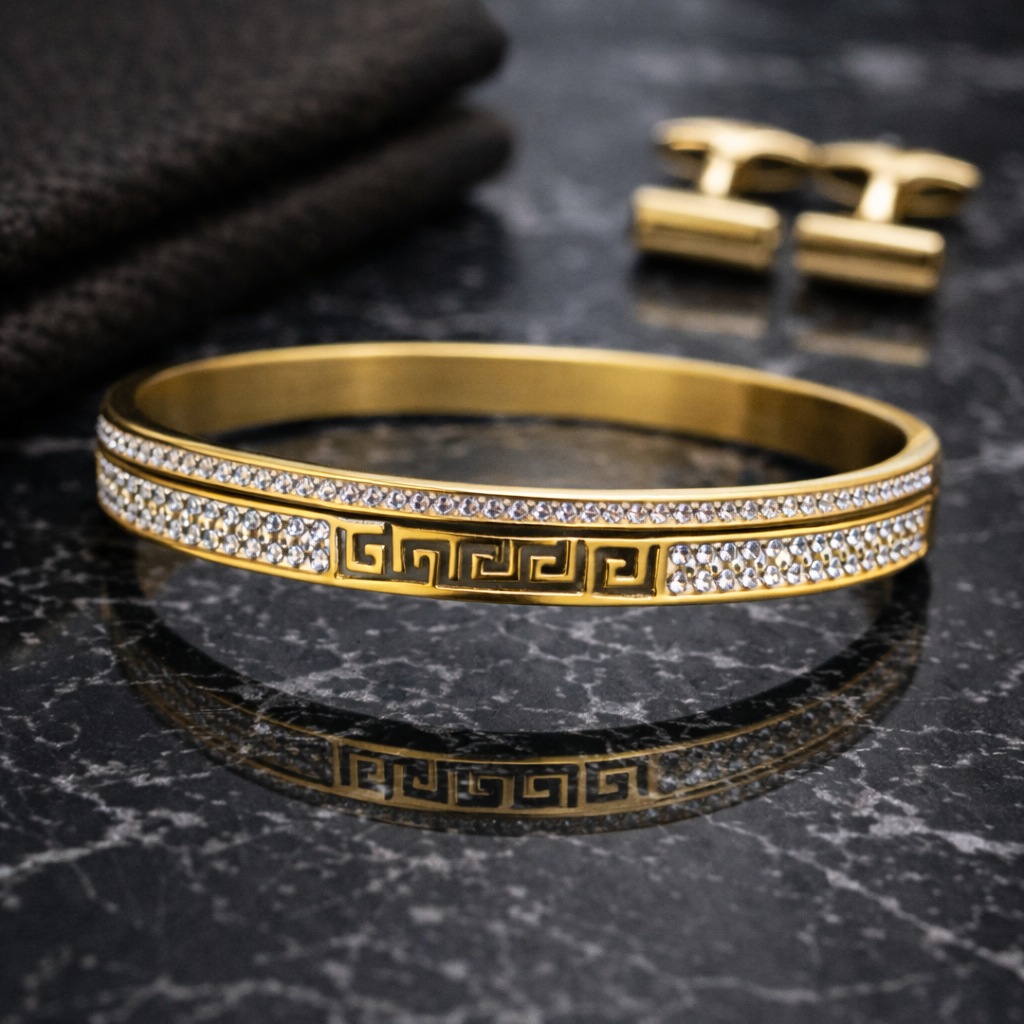 Luxury Stainless Steel Golden Color Greek Key Crystal Bracelet