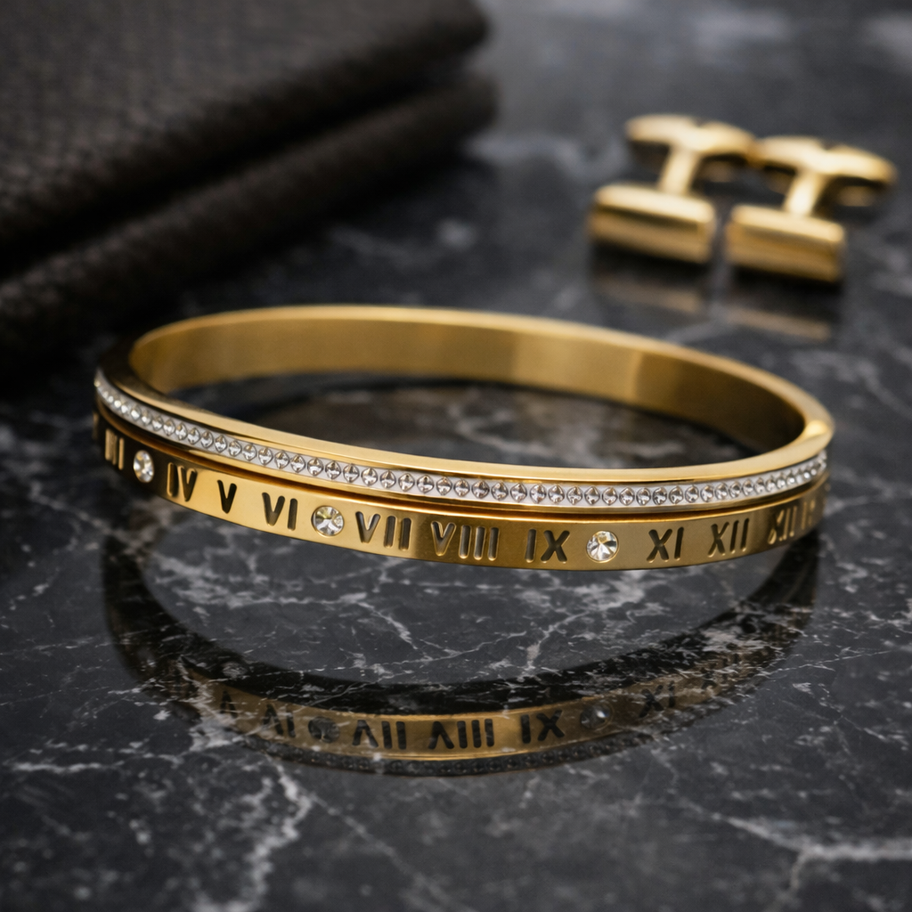 Golden Roman Numeral Crystal Bracelet for Men and Women