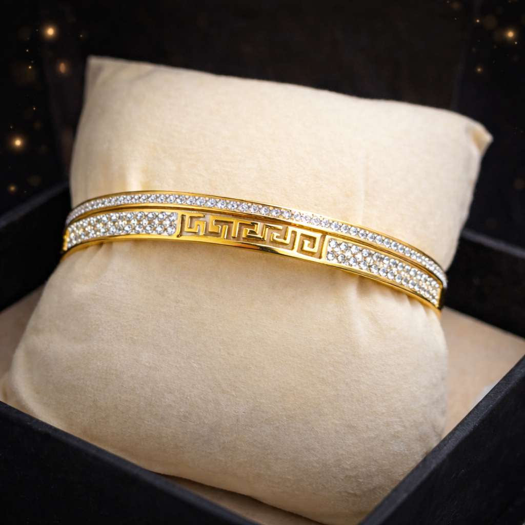 Luxury Stainless Steel Golden Color Greek Key Crystal Bracelet